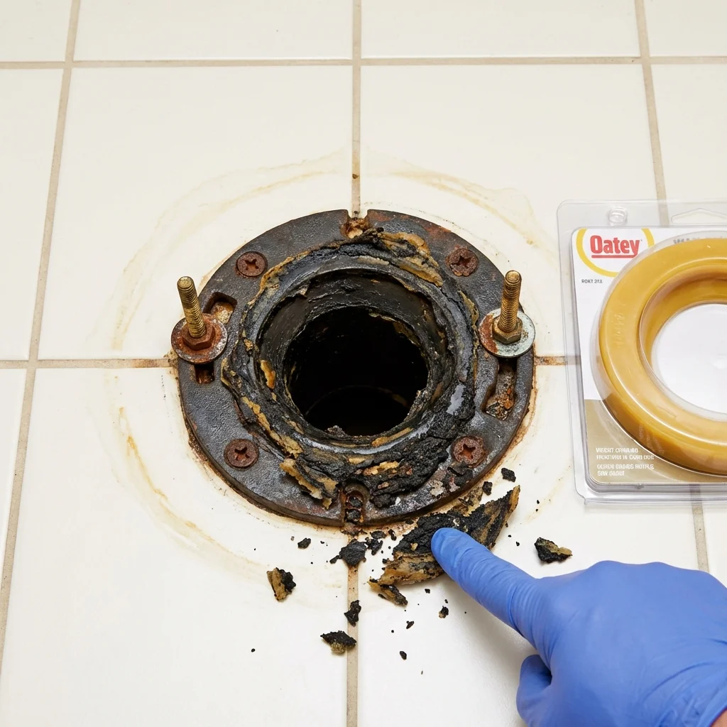 Failed wax ring showing water seepage at the base of a toilet in a Frankfort, IL home