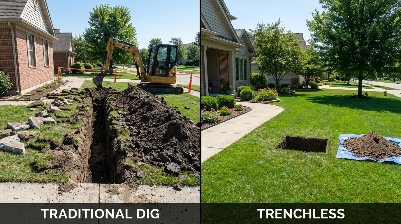 Trenchless sewer repair with minimal yard damage versus traditional excavation in Frankfort, IL