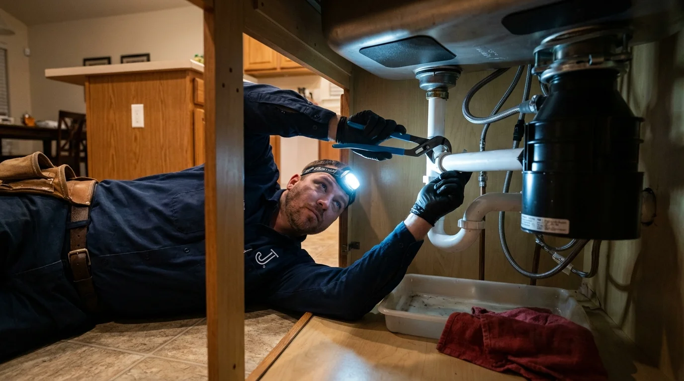 P-trap and supply line connections under a kitchen sink showing a common leak point in Frankfort, IL